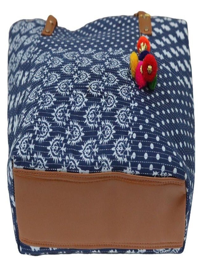 SHIVKARI Womens Girls Traditional Ikkat Tote Handbag with Tassels | Blue - Image 4